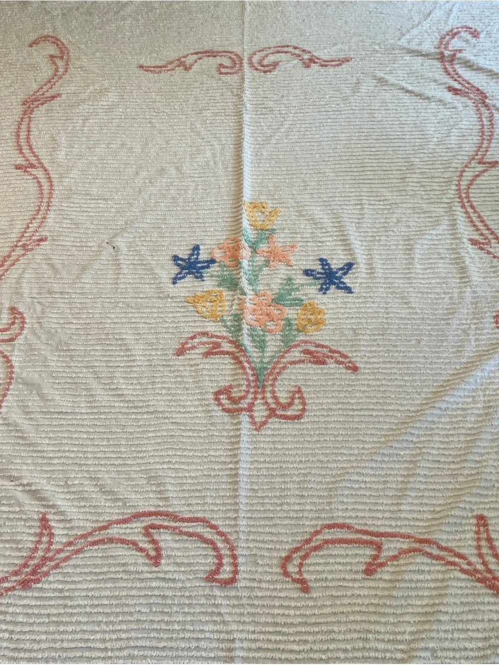 Cream Chenille Bedspread with Pastel Floral Motif